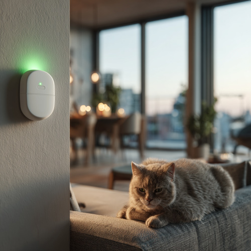 Sensor de alarma instalado en una vivienda moderna de Murcia con detección para mascotas