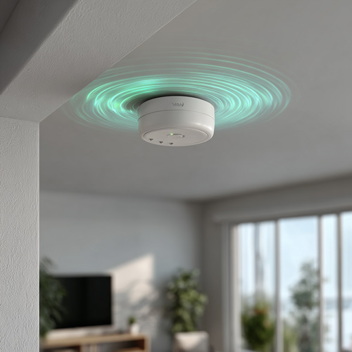 Sensor de alarma inalámbrica instalado en el techo de una vivienda en Murcia con luz verde indicadora