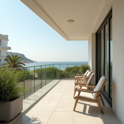 Terraza de apartamento de playa con vistas al mar y sistema de alarma instalado para proteger una segunda residencia<br />
