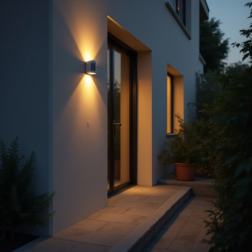 Sensor de alarma exterior iluminado al anochecer en la entrada de una vivienda, parte del sistema de seguridad perimetral para detectar intrusos antes del acceso<br />

