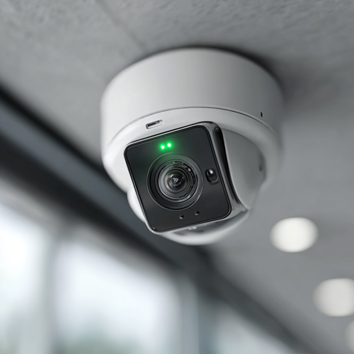Cámara de seguridad CCTV instalada en el techo de un negocio en Murcia con luz verde de funcionamient