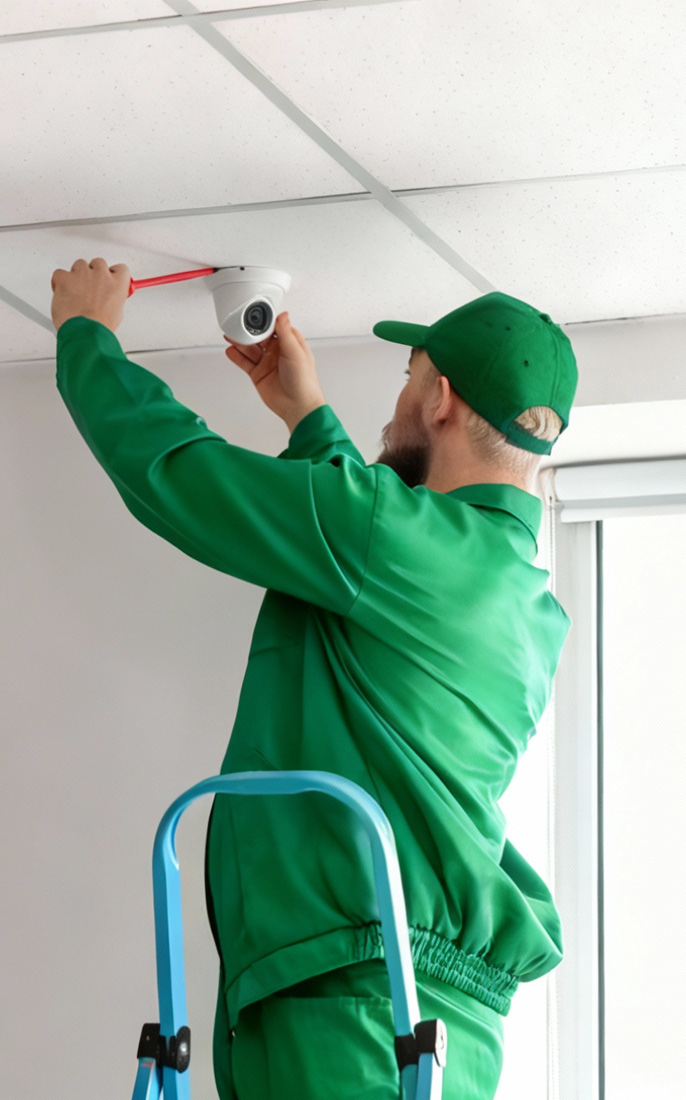 Técnico instalando un sistema de alarma en el techo de una casa en Murcia