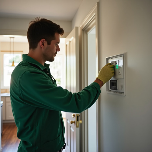 Técnico en Murcia revisando el panel de control de una alarma doméstica con uniforme verde