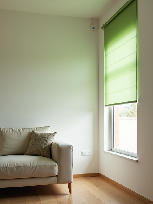 Interior de una vivienda en Murcia con sensor de alarma instalado y detalles verdes en la decoración, representando un hogar seguro