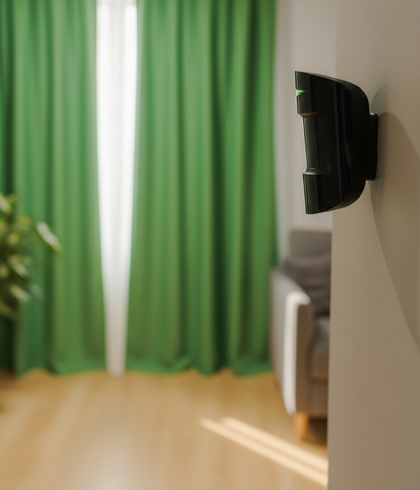 Sensor de movimiento de alarma instalado en vivienda de Murcia Sensor de movimiento de alarma sin cuotas instalado en una vivienda moderna de Murcia con cortinas verdes y luz natural.