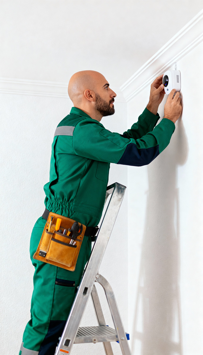 Técnico acreditado instalando alarma en vivienda de Murcia Técnico instalador de alarmas en Murcia subido a una escalera instalando un sensor de seguridad en la pared de una vivienda.