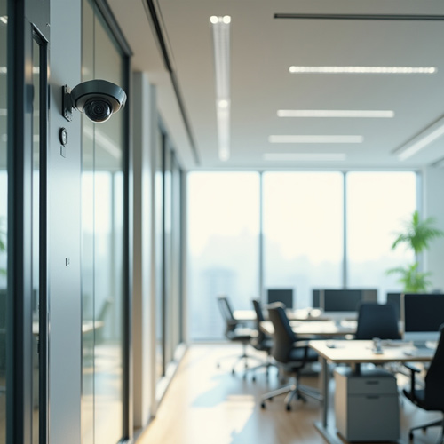 Camara de seguridad en oficina moderna conectada a sistema de alarma para negocios sin cuotas