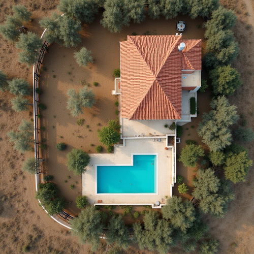 Vista aerea de chalet con piscina protegido por sistema de alarma perimetral sin cuotas en Murcia