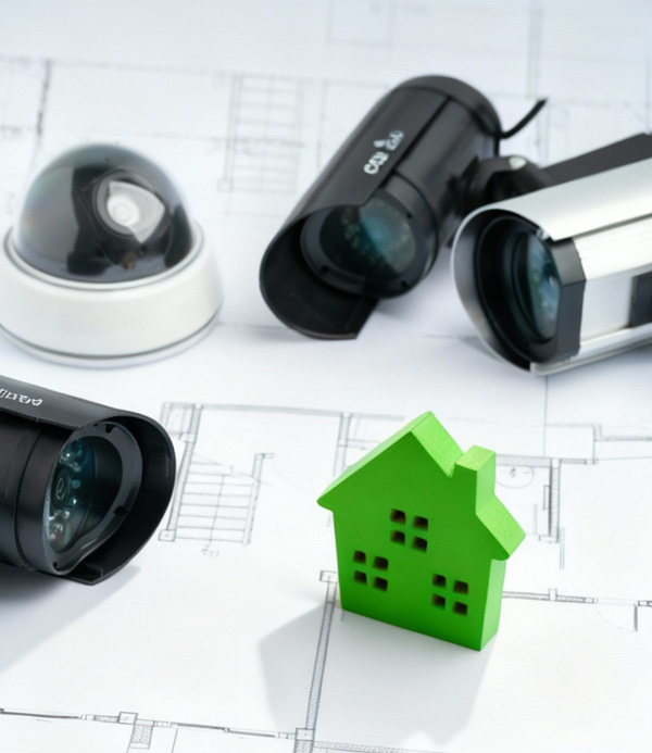 Cámaras de videovigilancia junto a planos de vivienda y figura de casa usados para planificar un sistema de alarma sin cuotas