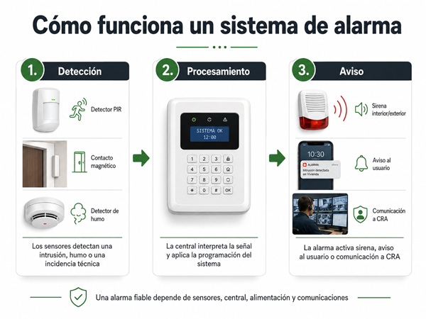 Esquema de cómo funciona un sistema de alarma con detección, procesamiento en la central y aviso al usuario o a la CRA