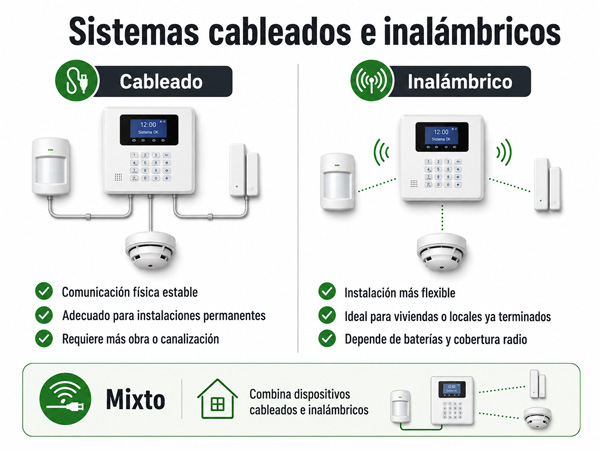 Comparativa entre sistema de alarma cableado e inalámbrico con sus diferencias principales y opción mixta