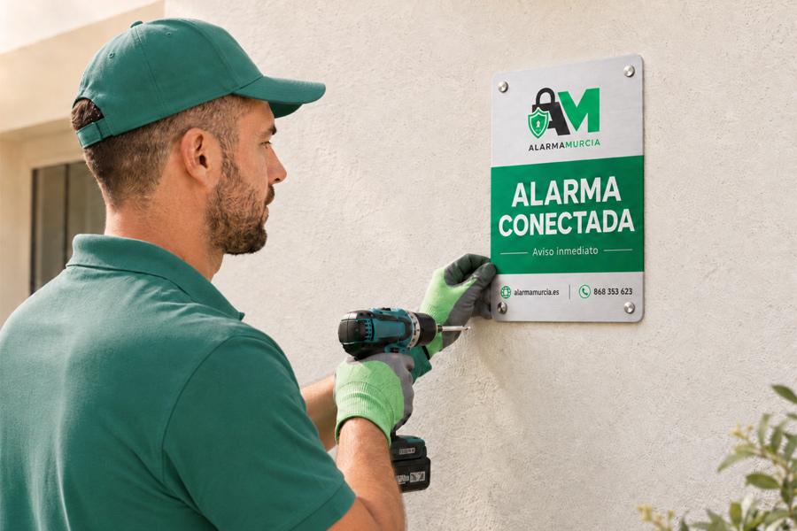 Instalador colocando una placa de alarma como alternativa a Verisure en la pared de una vivienda.